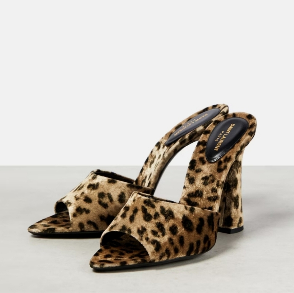 Saint Laurent Suite Heeled Mules in Leopard Velvet Velour